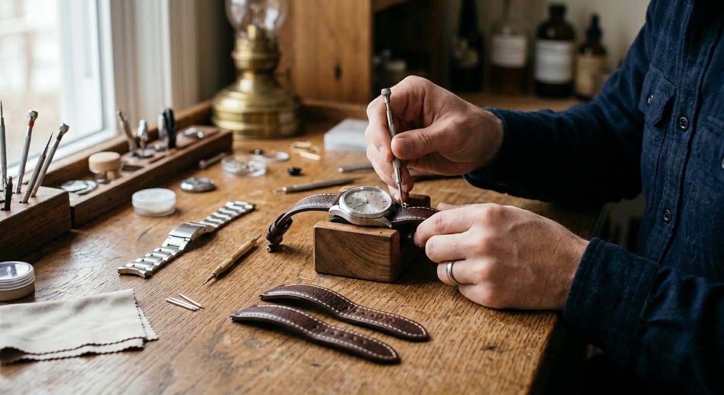 Two watchmakers leaning over a workshop counter examining a small timepiece, wall of clocks behind them